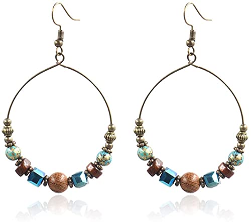 Bohème Ohrringe für Damen, großer Kreis, rund, hohl, Quaste, aus Holz, Metall, Perlen, Schmuck, Gold von Generic