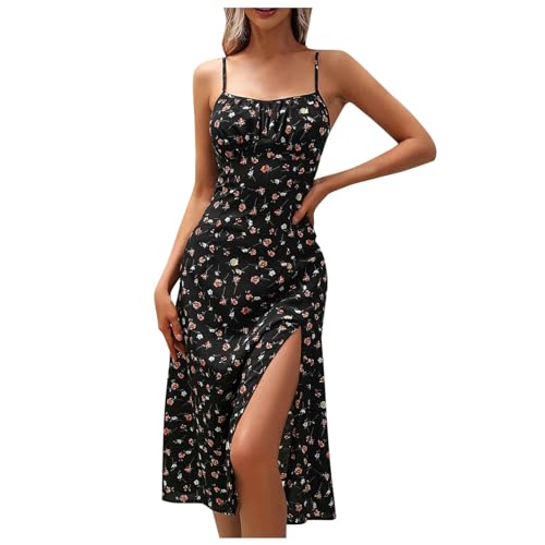 Boho Blumen Midi-Korsettkleid für Damen, Sommer Spaghettiträger Figurbetont Blumenkleid Midi-Kleid, Sexy Ärmellos Strandkleid Fließender Schnürkleider Sonnenkleid mit Schlitz Ausgehen (X1-Black, L) von Generic