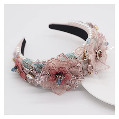 Boho Handgemachte Rosa Weiß Spitze Blumen Stirnbänder Perlen Kopfschmuck Kristall Haarbänder Für Frauen Hochzeit Tiara Haarschmuck von Generic