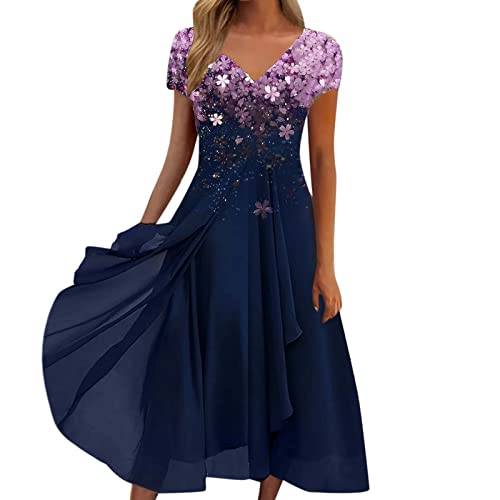 Boho Kleid Damen A Linie mit Blumen Festlich Sexy Maxikleid Strandkleid Lang Elegant Leicht Luftig Kurzarm Boho Kleid Blusenkleid Curvy Große Größen Schick Maxi Sommerkleid Freizeitkleid von Generic