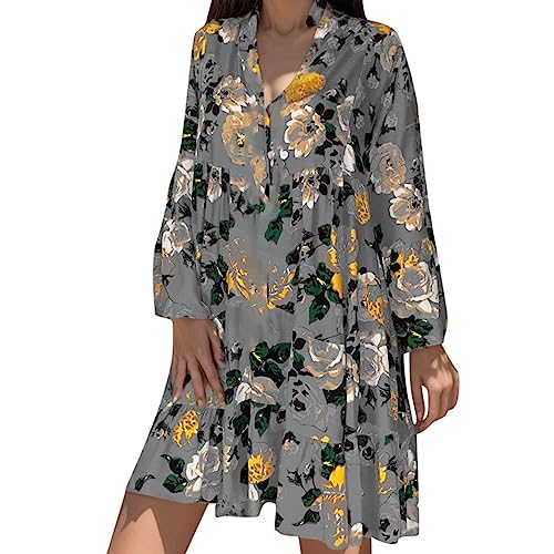 Boho Kleid Damen Kurz Tunika Kleider Große Größen Blusenkleid Langarm Freizeitkleider Minikleid Knielang Hemdkleider Bohemian Partykleid V Ausschnitt Elegant Wickelkleid Bedrucken von Generic