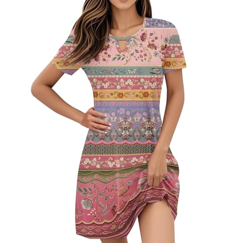 Boho Kleid Damen Lang, Damen Sommerkleider Kurzarm Lose Rundhals Wickelkleid Leicht und Luftig Kleid Bohemian Blumen Blumendruck Freizeitkleid Lockere Knielang Minikleid A Multicolor L von Generic