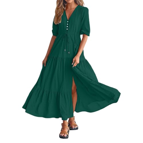 Boho Kleid Damen Lang,Sommerkleid Kurzarm,Maxikleid Freizeitkleid V Ausschnitte Strandkleid A Linien Volant-Kleid mit Kordelzug Einfarbig Bequem Maxi Kleid Cocktailkleid Elegant Kleider von Generic
