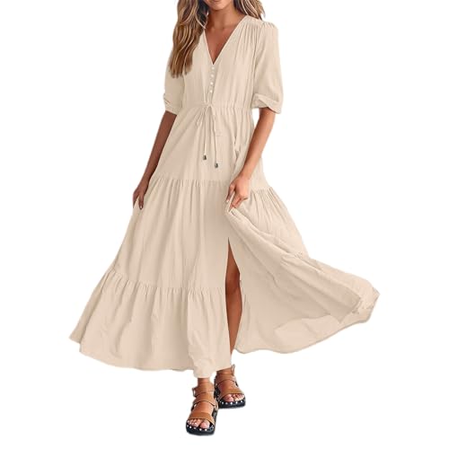 Boho Kleid Damen Lang,Sommerkleid Kurzarm,Maxikleid Freizeitkleid V Ausschnitte Strandkleid A Linien Volant-Kleid mit Kordelzug Einfarbig Bequem Maxi Kleid Cocktailkleid Elegant Kleider von Generic