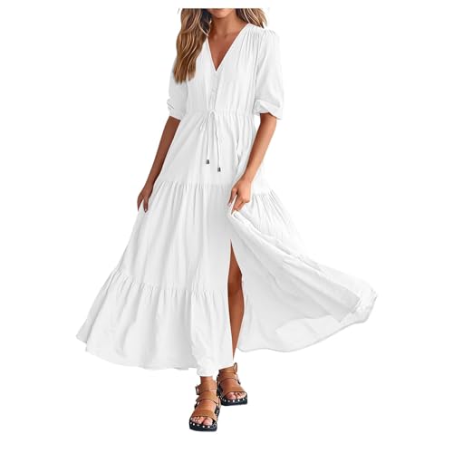 Boho Kleid Damen Lang| Freizeitkleid 3/4 arm |Maxikleid V Ausschnitte Cut Out Strandkleid A Linien Volant-Kleid mit Kordelzug Bequem Maxi Kleid Spaghetti Kleid Cocktailkleid Elegant Kleider von Generic