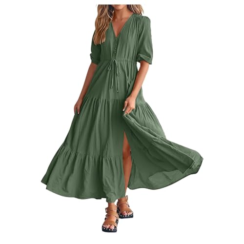 Boho Kleid Damen Lang| Freizeitkleid 3/4 arm |Maxikleid V Ausschnitte Cut Out Strandkleid A Linien Volant-Kleid mit Kordelzug Bequem Maxi Kleid Spaghetti Kleid Cocktailkleid Elegant Kleider von Generic