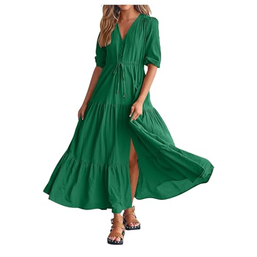 Boho Kleid Damen Lang| Freizeitkleid 3/4 arm |Maxikleid V Ausschnitte Cut Out Strandkleid A Linien Volant-Kleid mit Kordelzug Bequem Maxi Kleid Spaghetti Kleid Cocktailkleid Elegant Kleider von Generic