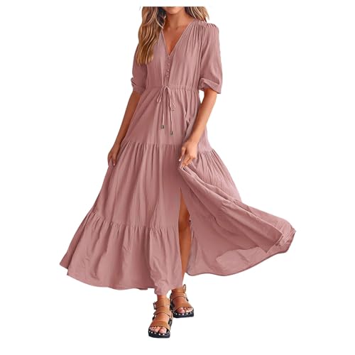 Boho Kleid Damen Lang| Freizeitkleid 3/4 arm |Maxikleid V Ausschnitte Cut Out Strandkleid A Linien Volant-Kleid mit Kordelzug Bequem Maxi Kleid Spaghetti Kleid Cocktailkleid Elegant Kleider von Generic
