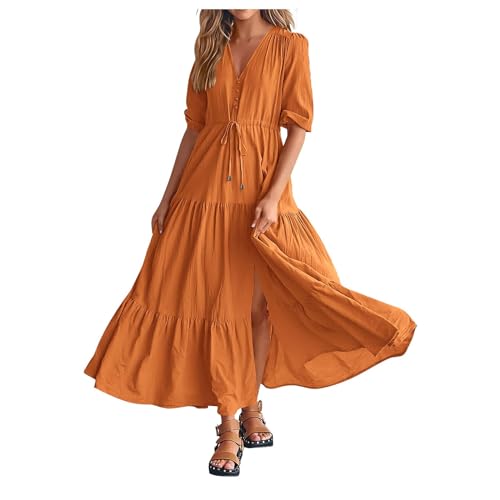 Boho Kleid Damen Lang| Freizeitkleid 3/4 arm |Maxikleid V Ausschnitte Cut Out Strandkleid A Linien Volant-Kleid mit Kordelzug Bequem Maxi Kleid Spaghetti Kleid Cocktailkleid Elegant Kleider von Generic