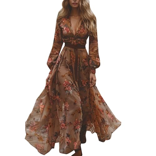 Boho Kleid Damen Langes Vintage Rustikaler Stil V-Ausschnitt Sommerkleid Mit Blumenmuster Lässiges Maxikleid Langarm Blumenkleid Leicht Elegant Midikleid Western Country Chiffonkleid von Generic