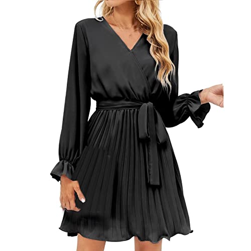 Boho Kleid Damen Partykleid wickelkleid Sommer Einfarbig Lange Ärmel Gefaltet V-Ausschnitt Midikleid mit Gürtel enges(M, Schwarz) von Generic