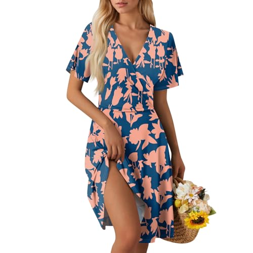 Boho Kleid Damen Sommer Damen Kleid Kurzarm V-Ausschnitt Sommerkleid Knielang Elegante Strandkleid Boho Blumenkleid Rüschen Saum Wickelkleid Strandkleid A Linie Partykleid E Dark Blue M von Generic