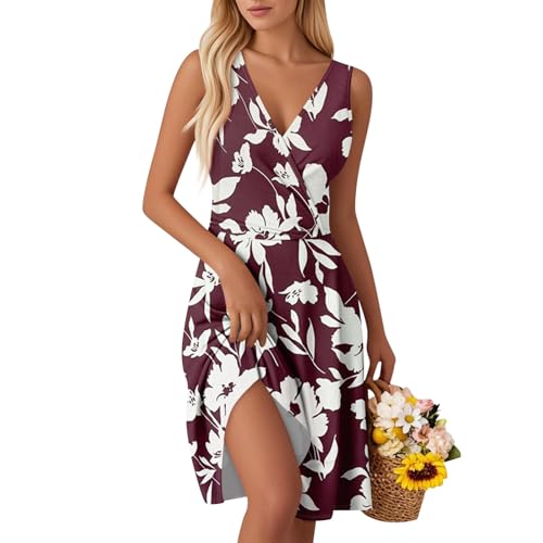 Boho-Kleid Damen Sommerkleid Ärmellos V-Ausschnitt Kleider Blumenmuster Kleid Wickelkleid Mini Blumenmuster Leicht Kleid Strandkleid Elegant Freizeitkleid für Strand Urlaub D Deep Red XXL von Generic