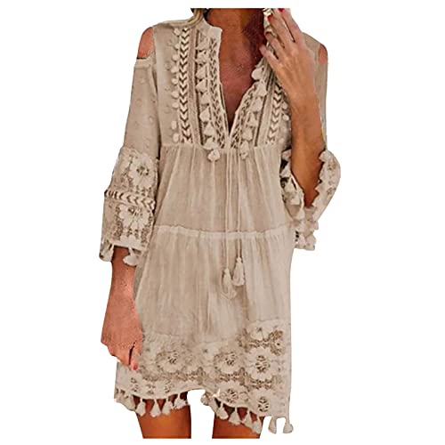 Boho-Kleid Kurz V Ausschnitt Luftige Sommerkleid mit ärmeln Häkel Spitze Strandkleid Damen A Linie Elegant Sommerkleider Damen Spitze Boho Kleid Damen Quasten Damenkleider Sommer Einfarbig von Generic
