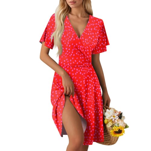 Boho Kleidung Damen Kleid Kurzarm V-Ausschnitt Sommerkleid Knielang Elegante Strandkleid Boho Blumenkleid Rüschen Saum Wickelkleid Strandkleid A Linie Partykleid E Red L von Generic