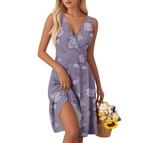 Boho Kleidung Damen Sommerkleid Ärmellos Freizeit Kleider Blumenkleid mit V-Ausschnitt Casual Strandkleid Midi Kleid Lose A-Linie Kleider Elegant Freizeitkleid für Strand Urlaub C Purple M von Generic
