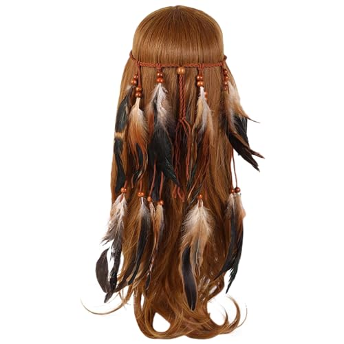 Boho Pfauenfedern Hippie Stirnband, Pfau Kostüm Damen, Karneval Kostüm, Haarschmuck Bohemien Feder Quasten Seil Weben Stirnband Gürtel Haarband Haarschmuck Hippie Boho Haarbänder (Brown, One Size) von Generic