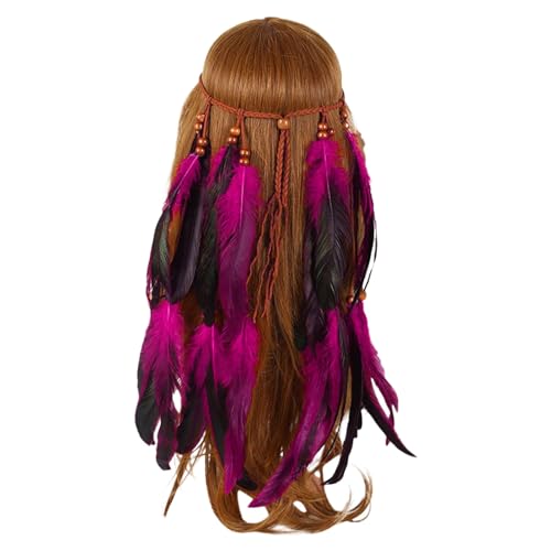 Boho Pfauenfedern Hippie Stirnband, Pfau Kostüm Damen, Karneval Kostüm, Haarschmuck Bohemien Feder Quasten Seil Weben Stirnband Gürtel Haarband Haarschmuck Hippie Boho Haarbänder (Hot Pink, One Size) von Generic