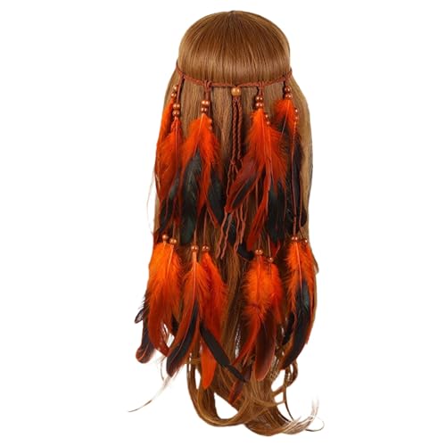 Boho Pfauenfedern Hippie Stirnband, Pfau Kostüm Damen, Karneval Kostüm, Haarschmuck Bohemien Feder Quasten Seil Weben Stirnband Gürtel Haarband Haarschmuck Hippie Boho Haarbänder (Orange, One Size) von Generic