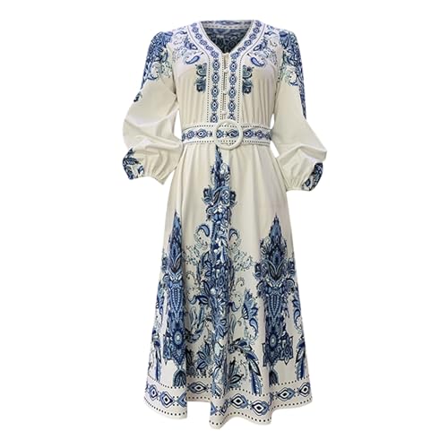 Boho Sommerkleid Damen Midi, Strandkleid Damen Swing,Midikleid Damen Elegant Freizeitkleid Tunikakleid Festlichekleider Ballkleid Plisseekleid Muster Drucken Langarm Mode Plissee Kleider von Generic