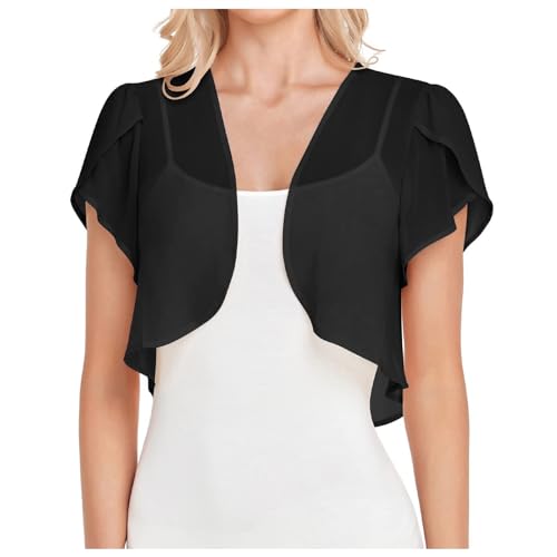 Bolero Damen Chiffon Kurzarm Bolerojacke Festlich Elegant Jacke Leichte Strickjacke Damen Sommer Kurz Elegant Kurzarm Shrug Rüschen Dünne Boleros Cardigan Transparent Offene Bolerojacke Top für Kleid von Generic