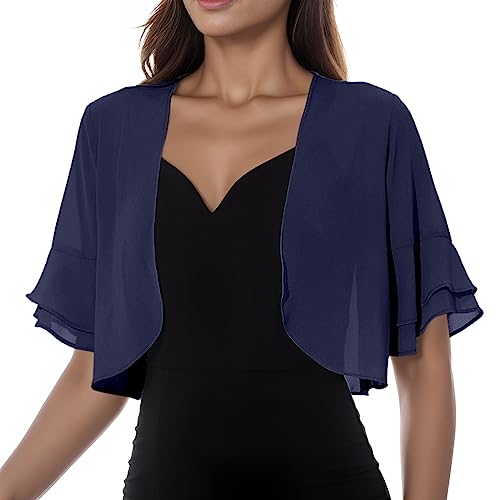 Bolero Damen Festlich Elegant Chiffon Cardigan Brautjacke Strickjacke Bolero Kurzarm Jäckchen für Abendkleid Festlich Kurze 3/4 Ärmel Schulterjacke Offene Crop Jacke Casual Shrug Top Boleros für Damen von Generic