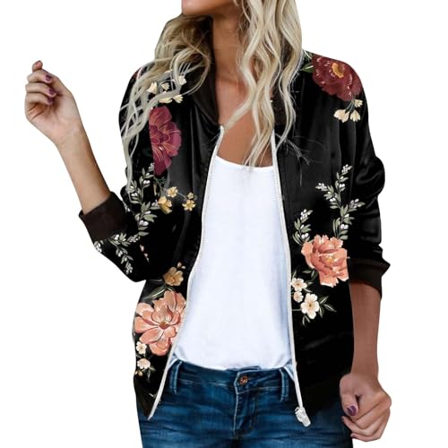 Bomberjacke Damen Blumenmuster Coat Sommer Blouson Reißverschluss Frühling Jacket Mädchen Sommerjacke Kurz Outwear College Jacke Bomberjacke Damen Kurze Blouson Jacke Casual Boho Lässige von Generic