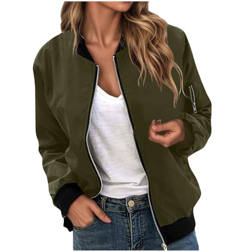 Bomberjacke Damen Casual Frühlingsjacke Einfarbig Übergangsjacke Sommerjacke Reißverschluss Leichte Pilotenjacke Kurze Fliegerjacke Langarm Bikerjacke Mädchen Motorradjacke Freizeitjacke Bomberjacke von Generic