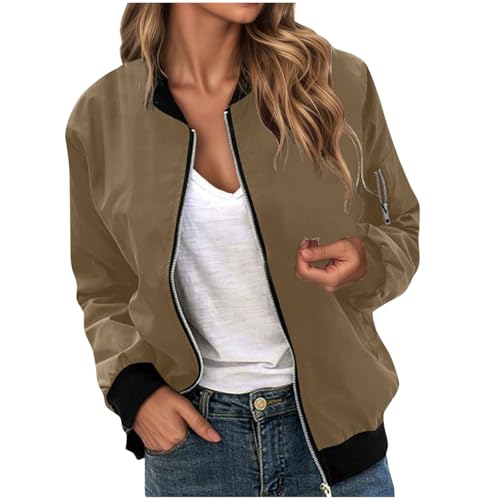 Bomberjacke Damen Casual Frühlingsjacke Einfarbig Übergangsjacke Sommerjacke Reißverschluss Leichte Pilotenjacke Kurze Fliegerjacke Langarm Bikerjacke Mädchen Motorradjacke Freizeitjacke Bomberjacke von Generic