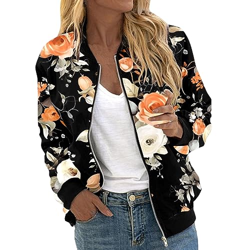 Bomberjacke Damen Casual Jacke Kurz Pilotenjacke Langarm Outwear Zip Up Bomber Jacket Reißverschluss Leichte Mäntel Herbst Sweatjacke Frühling Herbst Übergangsjacke Fliegerjacke von Generic