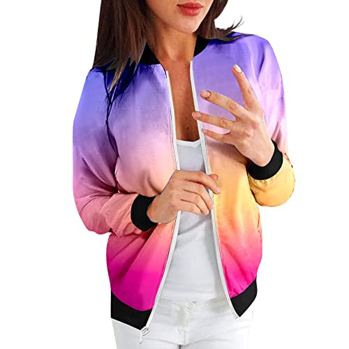 Bomberjacke Damen Casual Stehkragen Jacke Blumenmuster Langarm lässige Leicht Jacke Reißverschluss Stehkragen Outwear Kurz Coat Herbst Frühling Übergangsjacke Outwear Taschen Frauen (4-Hot Pink, M) von Generic