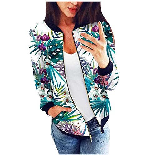 Bomberjacke Damen Casual Stehkragen Jacke Blumenmuster Langarm lässige Leicht Jacke Reißverschluss Stehkragen Outwear Kurz Coat Herbst Frühling Übergangsjacke Outwear Taschen Frauen (8-Green, XL) von Generic