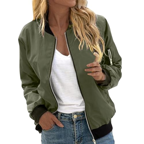 Bomberjacke Damen Große Größen Kurz Leichte Frühlingsjacke Schlank Einfarbig Übergangsjacke Mit Tasche Dünne College Jacke Für Frauen Vintage Sommerjacke von Generic