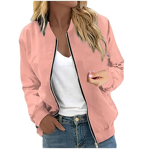 Bomberjacke Damen Herbst Kurze Blouson Jacke Casual Pilotenjacke Langarm Zip Up Einfarbig Leichte Coat Sweatjacke mit Taschen,Pink,M von Generic
