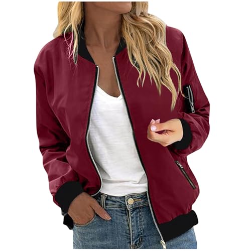 Bomberjacke Damen Herbst Kurze Blouson Jacke Casual Pilotenjacke Langarm Zip Up Einfarbig Leichte Coat Sweatjacke mit Taschen,Rot,M von Generic