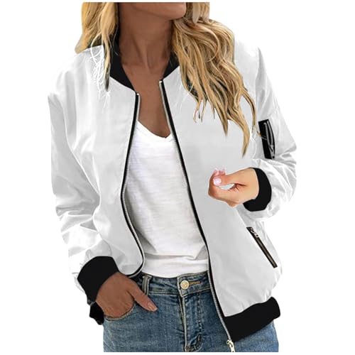 Bomberjacke Damen Herbst Kurze Blouson Jacke Casual Pilotenjacke Langarm Zip Up Einfarbig Leichte Coat Sweatjacke mit Taschen,Weiß,XXL von Generic