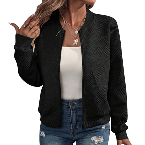 Bomberjacke Damen Kurz Blouson Jacket Casual Langarm College Jacke Leichte Elegant Fliegerjacke Einfarbig Bequem Pilotenjacke Zip Up Übergangsjacke mit Taschen Sportjacke Locker Lässig Bikerjacke von Generic