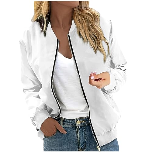Bomberjacke Damen Kurz Blouson Jacket Leichte Fliegerjacke Herbst Langarm Coat Casual Pilotenjacke Winter Outwear Jacke,Weiß,L von Generic