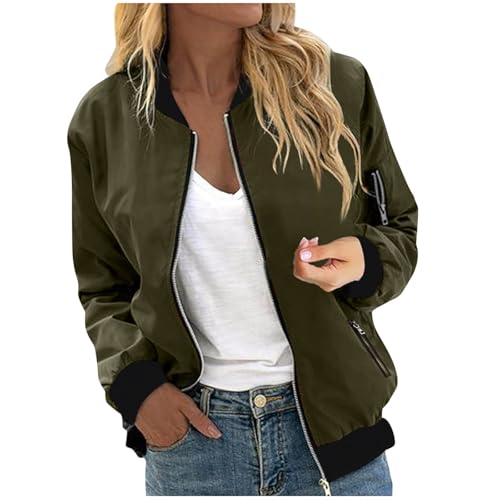 Bomberjacke Damen Kurze Blouson Jacke Casual Pilotenjacke Langarm Outwear Reißverschluss Solid Leichte Coat Sweatjacke mit Taschen,Grün,XXL von Generic
