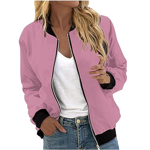 Bomberjacke Damen Kurze Blouson Jacke Casual Pilotenjacke Langarm Outwear Reißverschluss Solid Leichte Coat Sweatjacke mit Taschen,Pink,L von Generic