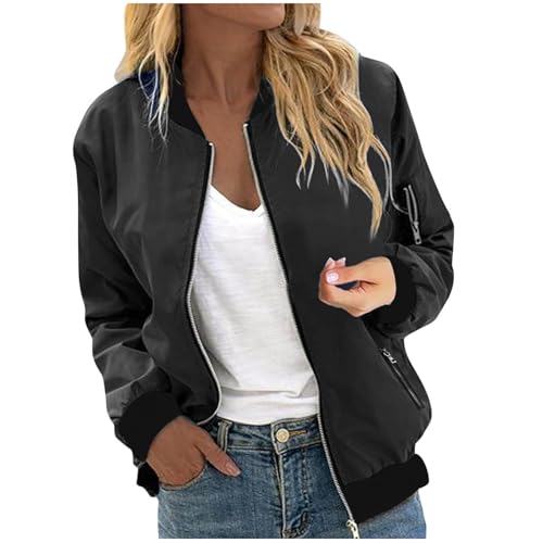 Bomberjacke Damen Kurze Blouson Jacke Casual Pilotenjacke Langarm Outwear Reißverschluss Solid Leichte Coat Sweatjacke mit Taschen,Schwarz,M von Generic