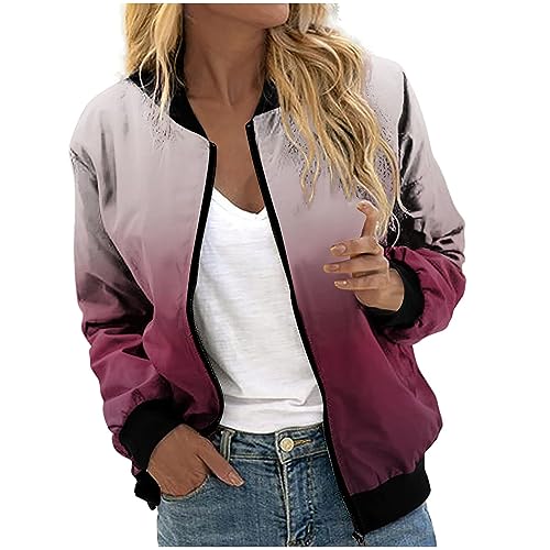 Bomberjacke Damen Kurze Blouson Jacke Casual Pilotenjacke Langarm Outwear Reißverschluss Solid Leichte Coat Sweatjacke mit Taschen,Violett,XXL von Generic
