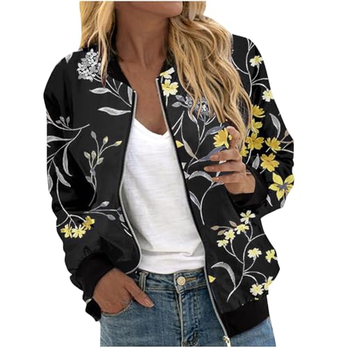 Bomberjacke Damen Kurze Einfarbig/Blumenmuster blouson mit Reißverschluss Herbst Frühling Jacket Damen Übergangsjacke Damen Sommer Casual Jacke Dünne Fliegerjacke Fliegerjacke bomberjacke von Generic