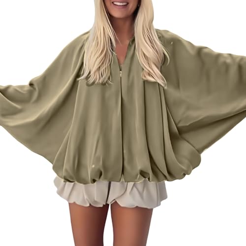 Bomberjacke Damen Leichte Bubble Hem Jacke mit Reißverschluss Casual Fledermausärmel Pilotenjacke Mode Locker Sommerjacke Einfarbig Damen-Jacken Dünne Sweatjacke Übergangsjacke Fliegerjacke von Generic