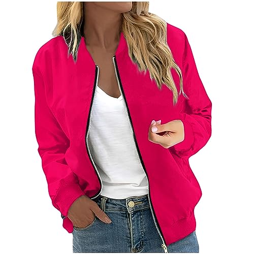 Bomberjacke Damen Sommer,DüNne Sommerjacke Damen,Bomberjacke Damen Kurze Blouson Jacke Casual Pilotenjacke Langarm Outwear Zip Up Solid Leichte Coat Frühlings Sweatjacke,Rot,XXL von Generic