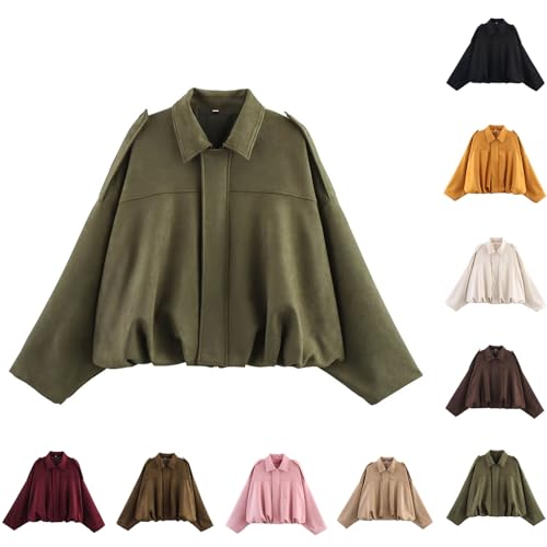 Bomberjacke Damen Wildlederjacke Langarm Pilotenjacke Kurze Jacke Herbst Winter Übergangsjacke Oversize Y2k Streetwear von Generic