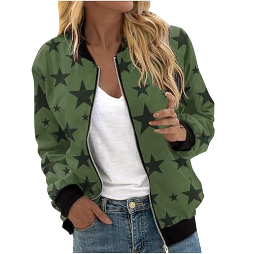 Bomberjacke Für Damen Mit Sternen-Print, Langärmelig Reißverschluss Leichte Freizeitjacke Mit Taschen Sportlicher Stil Stehkragen Lockere Passform Warme Windjacke von Generic