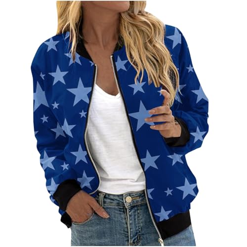 Bomberjacke Für Damen Mit Sternen-Print, Langärmelig Reißverschluss Leichte Freizeitjacke Mit Taschen Sportlicher Stil Stehkragen Lockere Passform Warme Windjacke von Generic