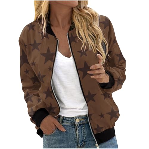Bomberjacke Für Damen Mit Sternen-Print, Langärmelig Reißverschluss Leichte Freizeitjacke Mit Taschen Sportlicher Stil Stehkragen Lockere Passform Warme Windjacke von Generic