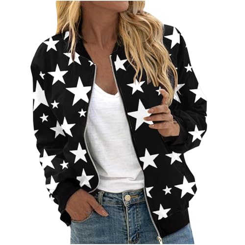 Bomberjacke Für Damen Mit Sternen-Print, Langärmelig Reißverschluss Leichte Freizeitjacke Mit Taschen Sportlicher Stil Stehkragen Lockere Passform Warme Windjacke von Generic